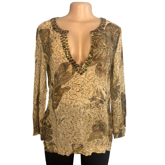 Chico’s 100% Silk Floral Sheer Jeweled Neckline Blouse Brown - Picture 1 of 10